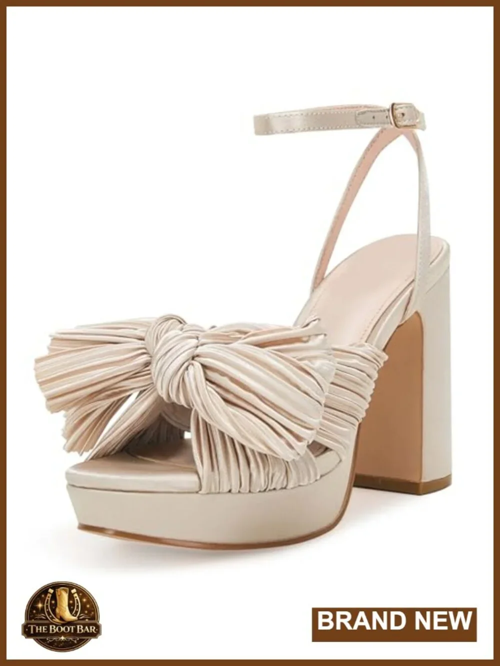 Pleated Bow Knot Chunky Platform Heeled Sandals Women's Open Toe Ankle Strap